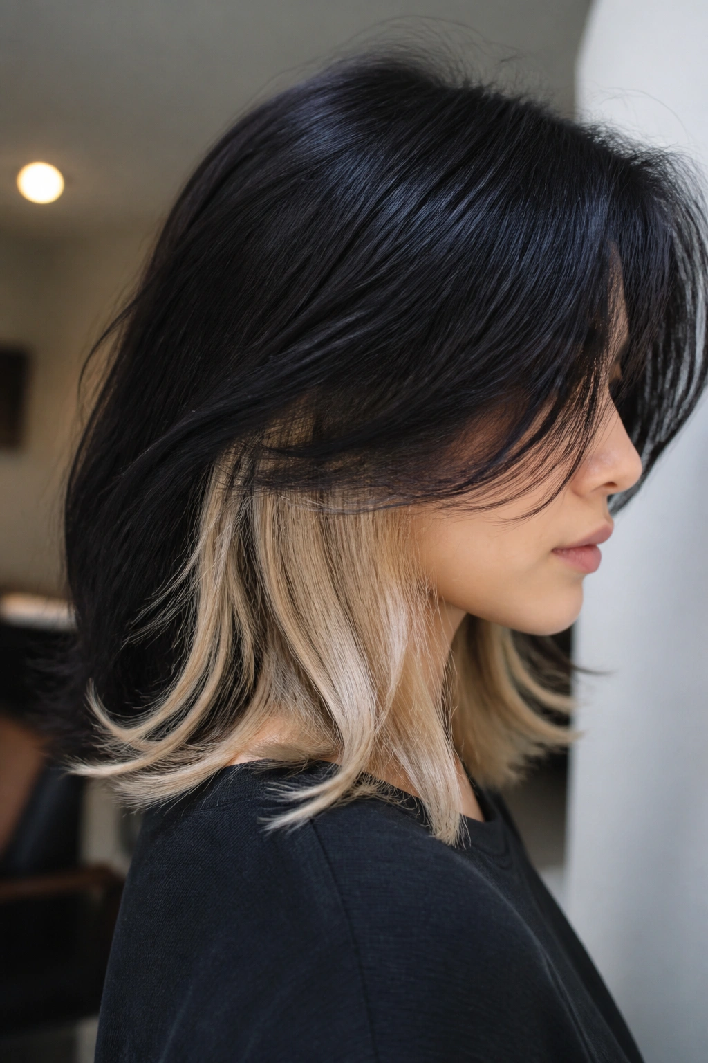 Close-up of a real person showing hidden blonde panels under black top layers.