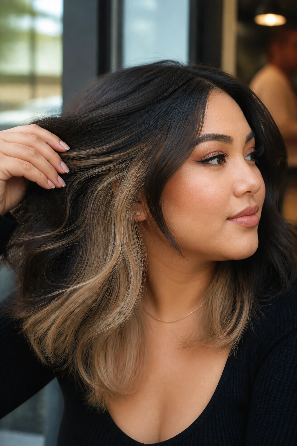 Close-up of a woman showing peekaboo blonde panels under dark hair