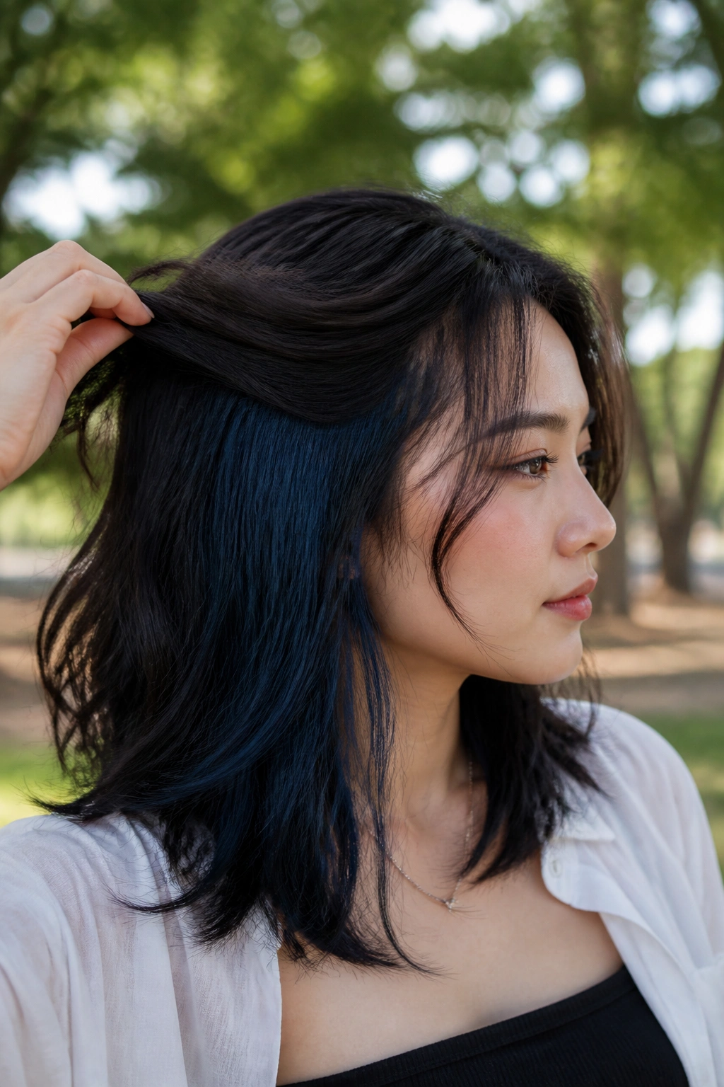 Close-up of a real woman with a blue-black panel peeking beneath the crown.