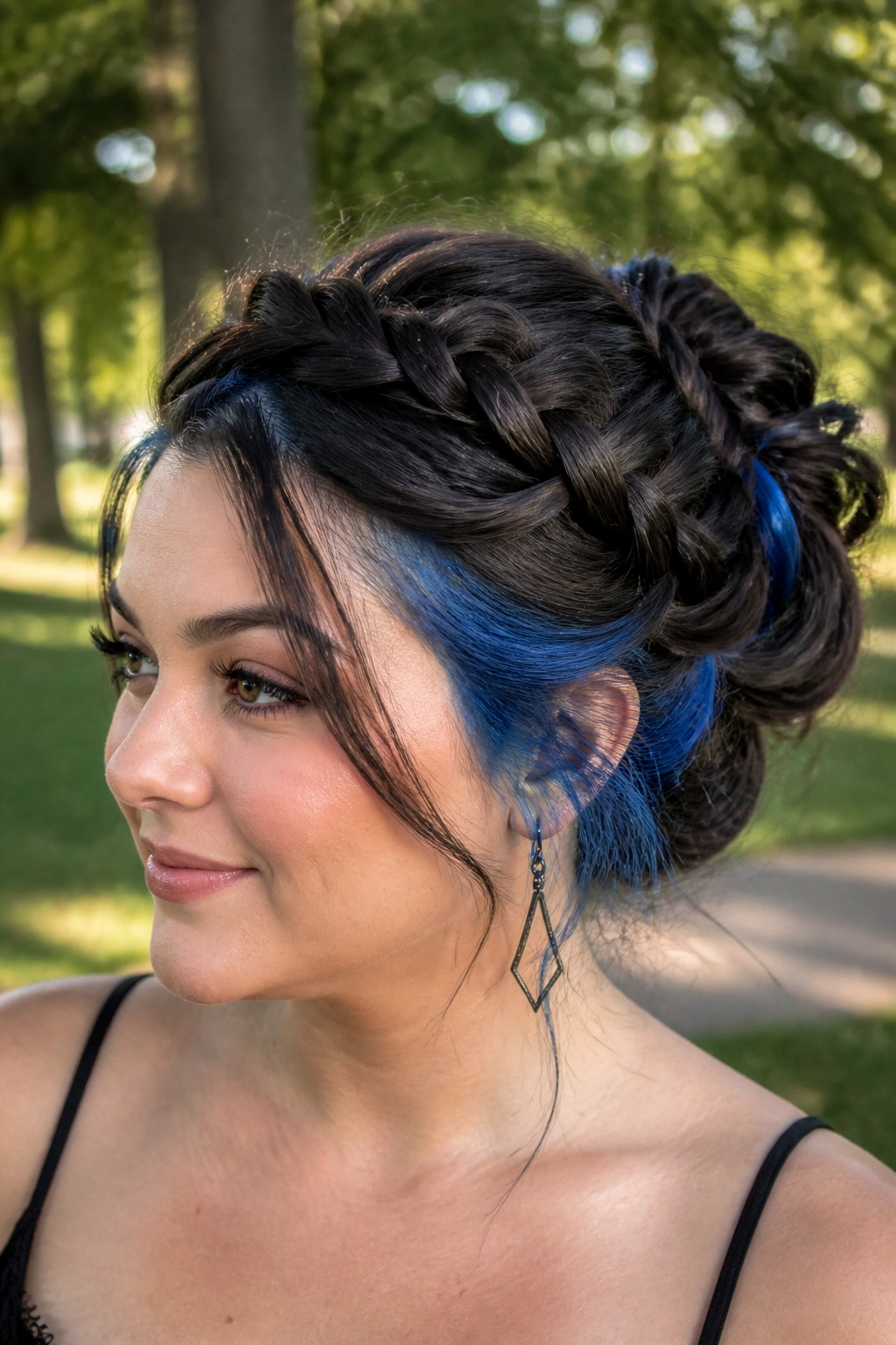 Close-up of a woman with bold blue peekaboo layers in a braided bun