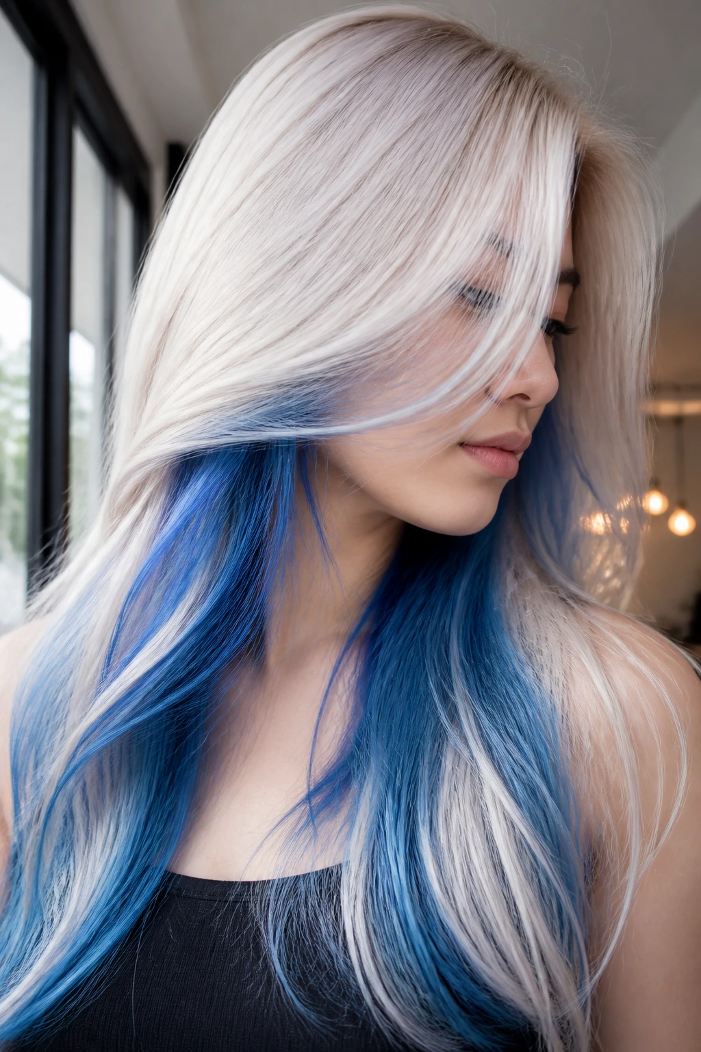 Portrait of a real woman with peekaboo blue panels under white hair layers.