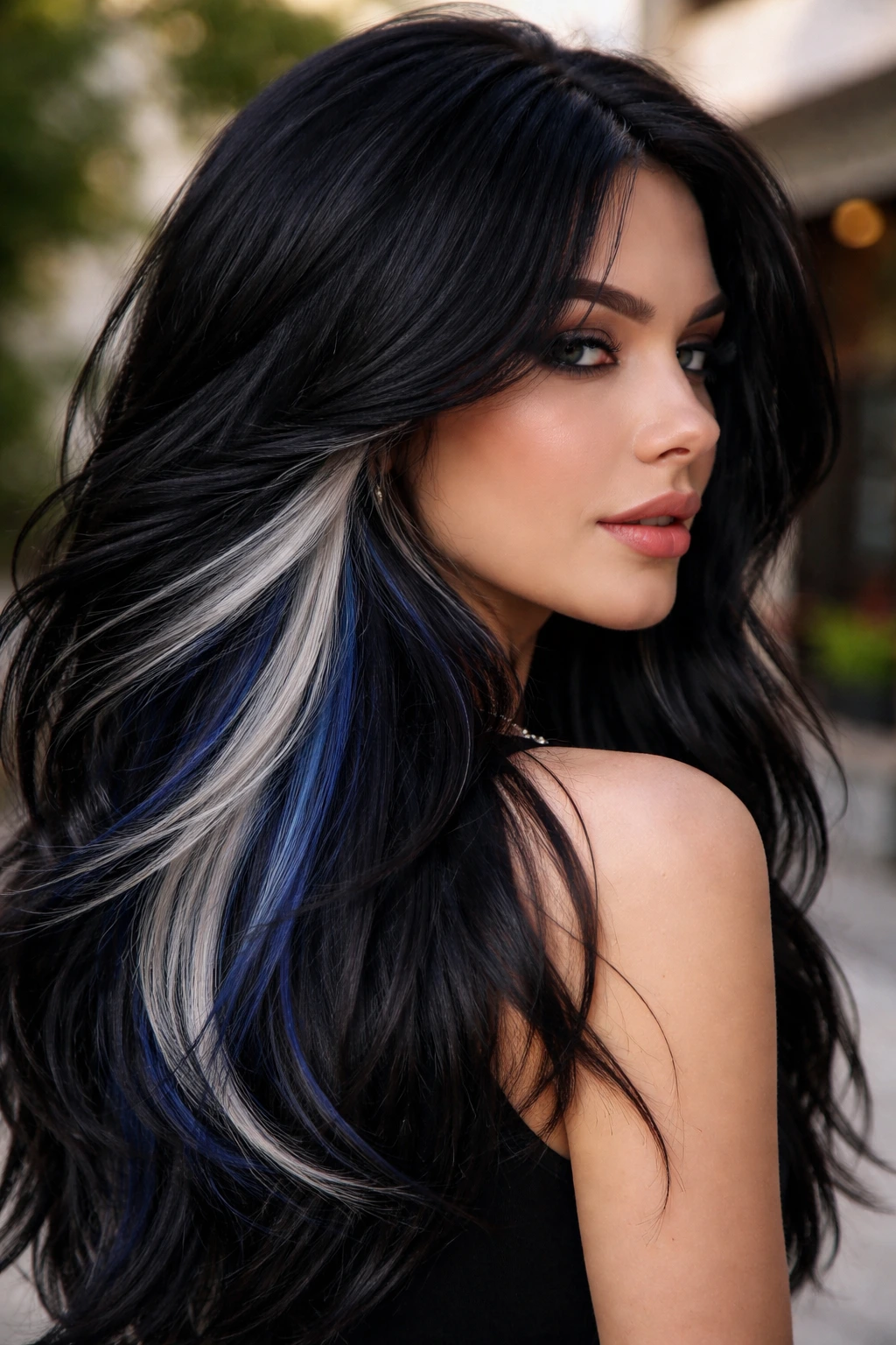 Close-up of a real person with midnight blue and silver peekaboo under black hair