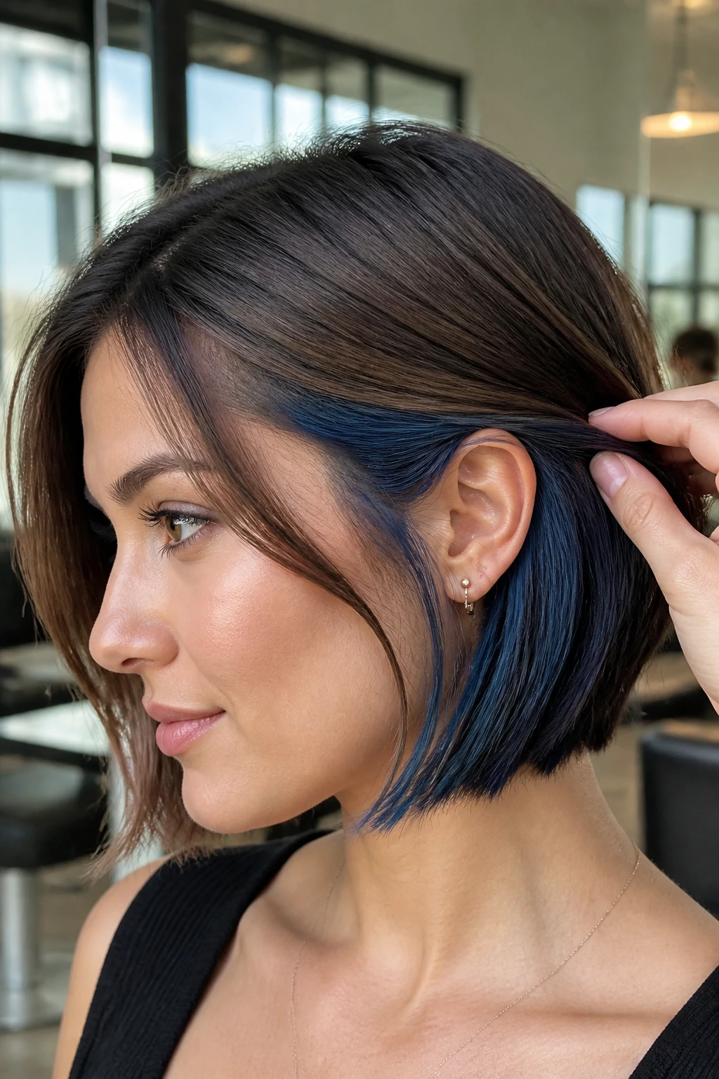 Chin-length bob with peekaboo blue underlayers