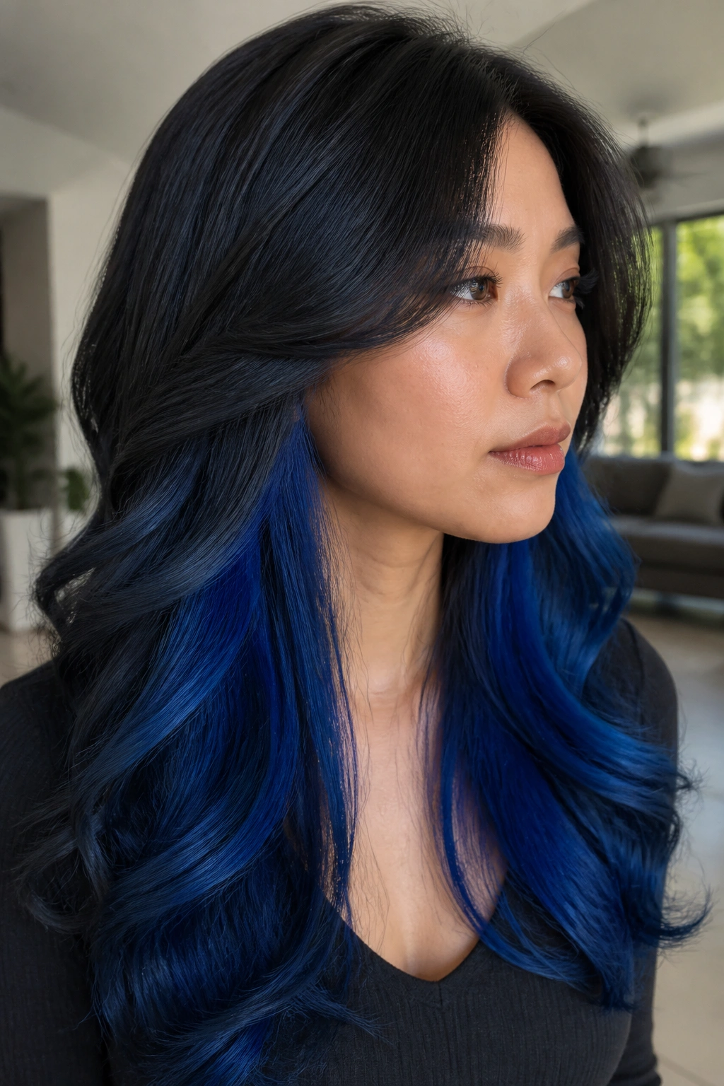 Portrait of a real person showing peekaboo blue under dark top layers in long hair