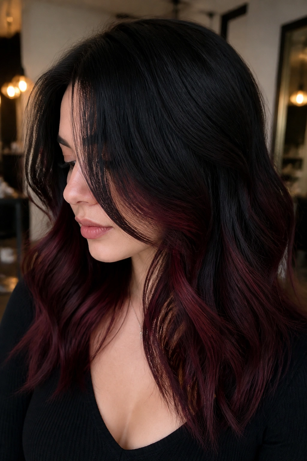 Close-up of a real woman showing burgundy peekaboo under a jet-black top layer.