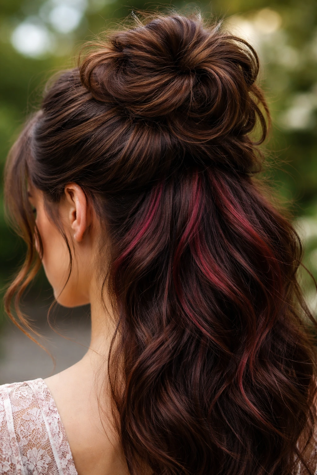 Portrait of a real person with burgundy peekaboo under the crown in an updo