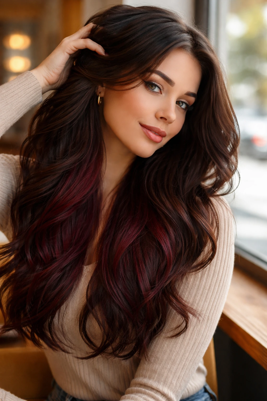 Hair with burgundy underlayer peeking when worn down