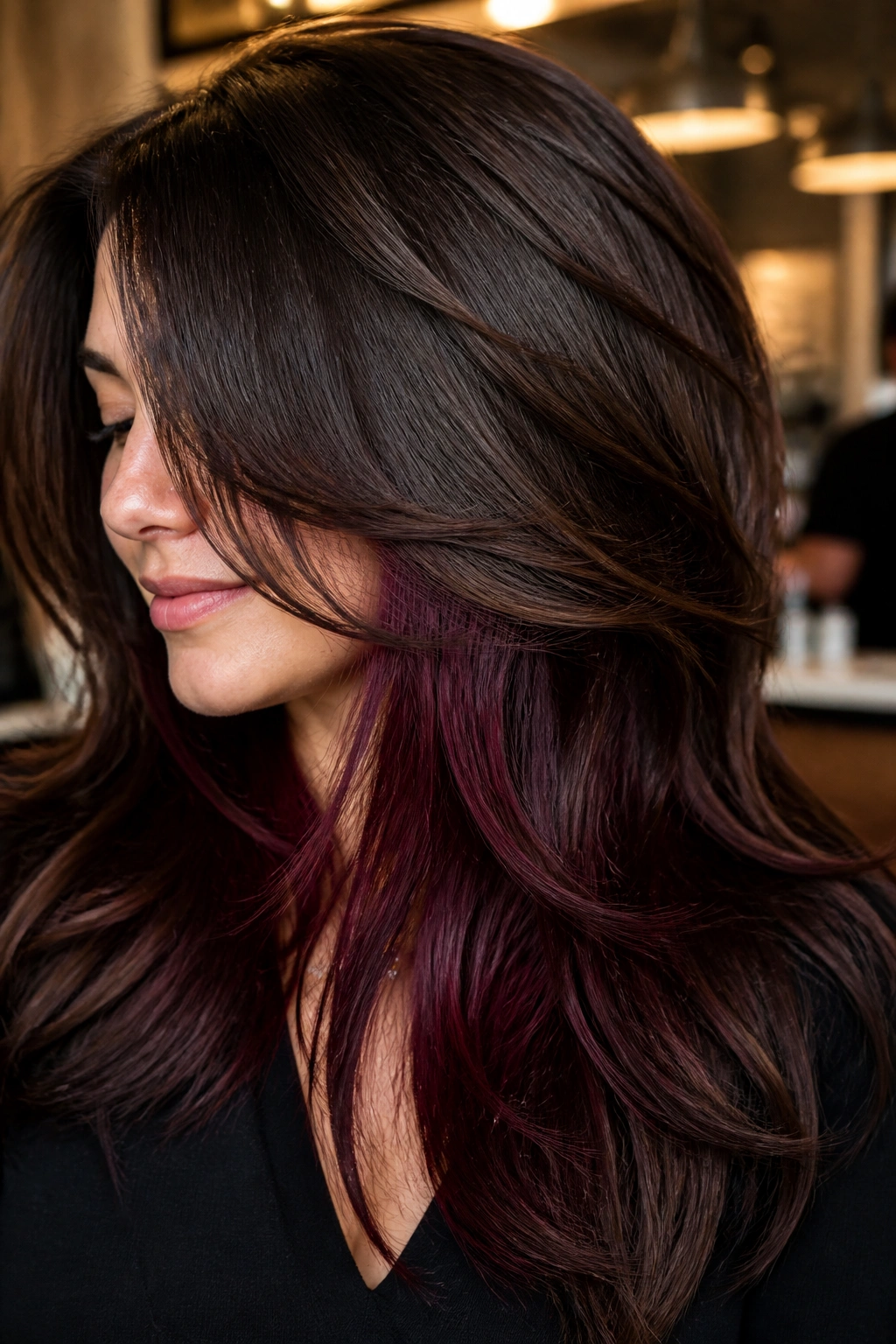 Close-up of layered brown hair with burgundy peekaboo panels hidden under the top layer
