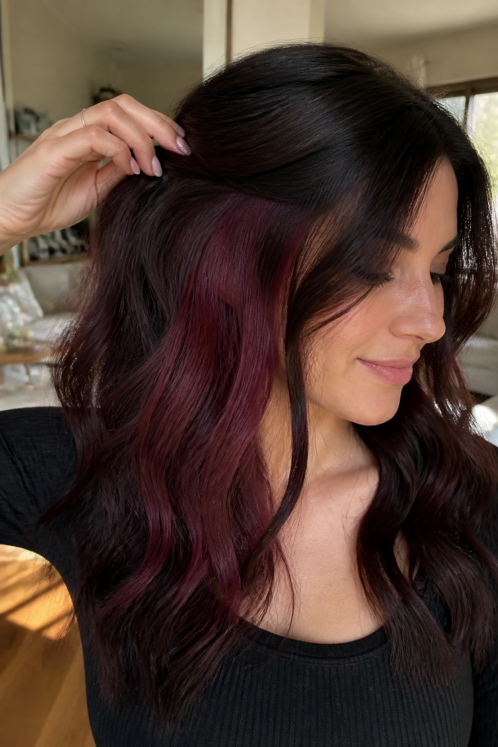 Portrait of a real person with peekaboo burgundy panels under the top layer
