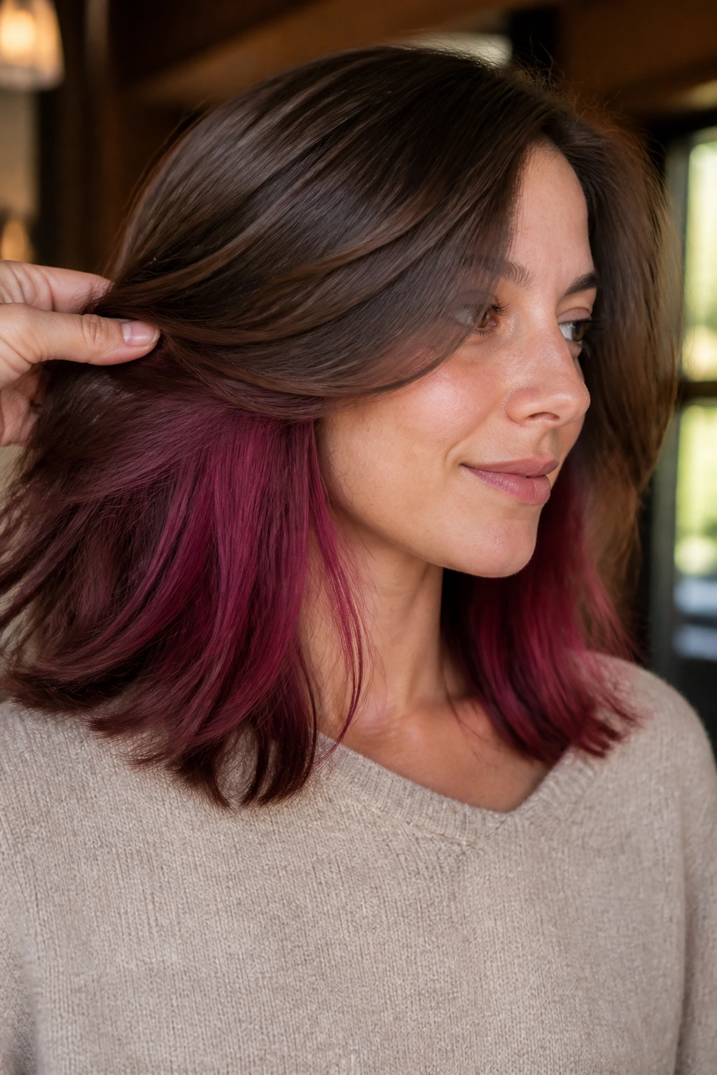 Real woman with layered brown hair showing burgundy peekaboo panels