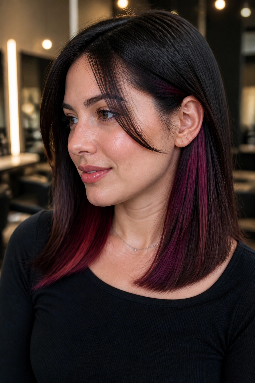 Close-up of straight hair with velvet burgundy peekaaboo panels hidden beneath the top layer