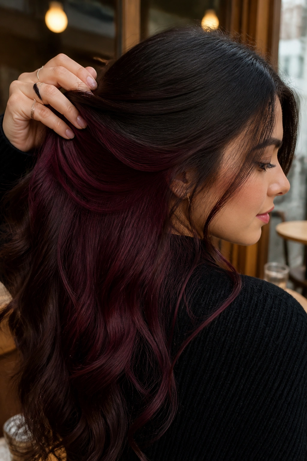 Close-up of a real person with wine-red peekaboo panels under the top layer