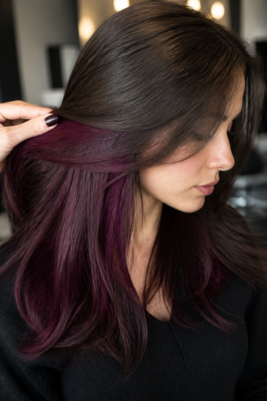 Portrait showing burgundy underlayers peeking through brown hair