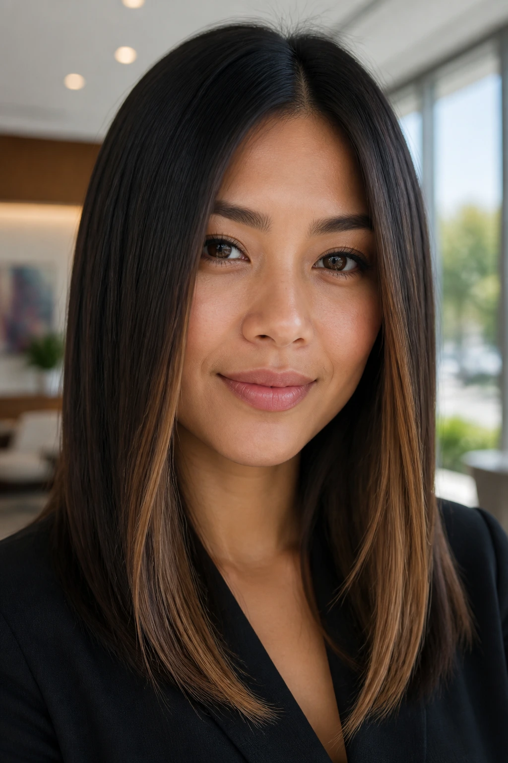 Close-up of a real woman with sleek straight hair and peekaboo caramel ribbons.