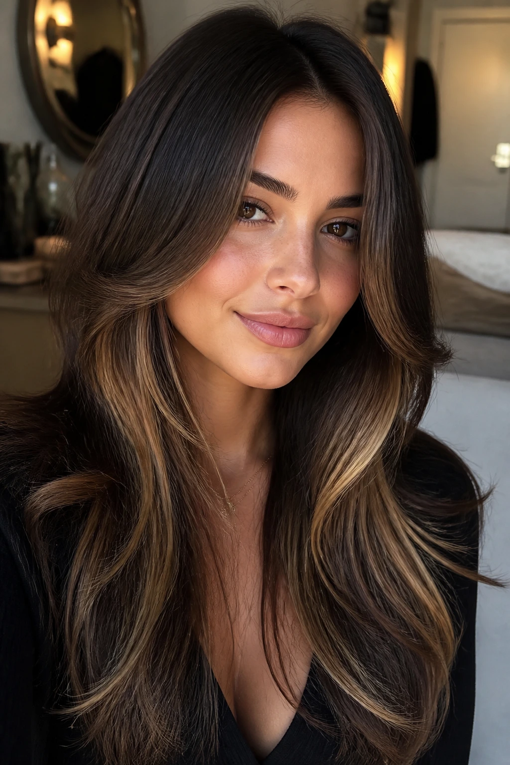 Close-up of long layered hair with caramel peekaboo pieces on a real woman