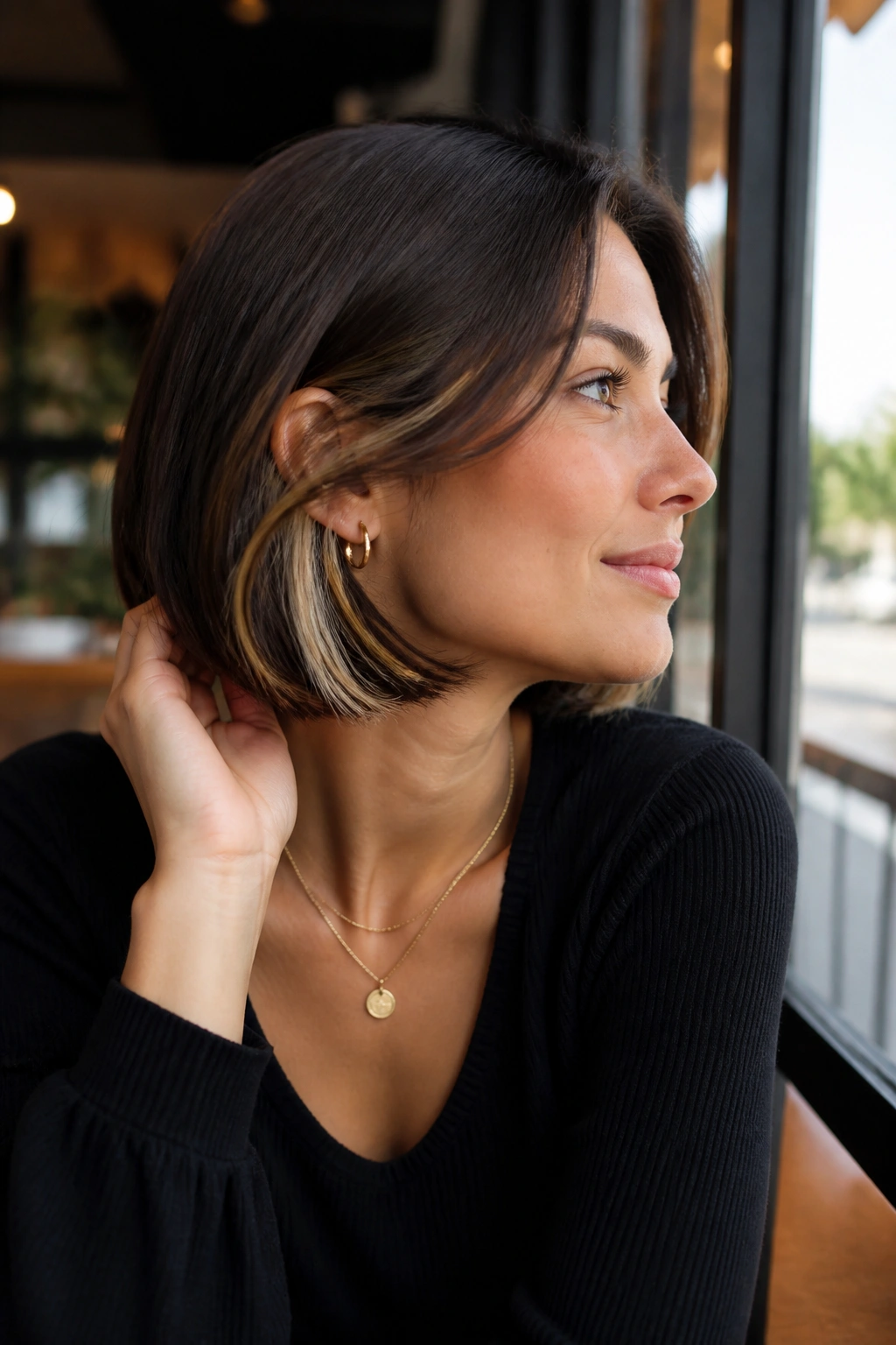 Close-up of a short bob with peekaboo caramel hidden under the top layer