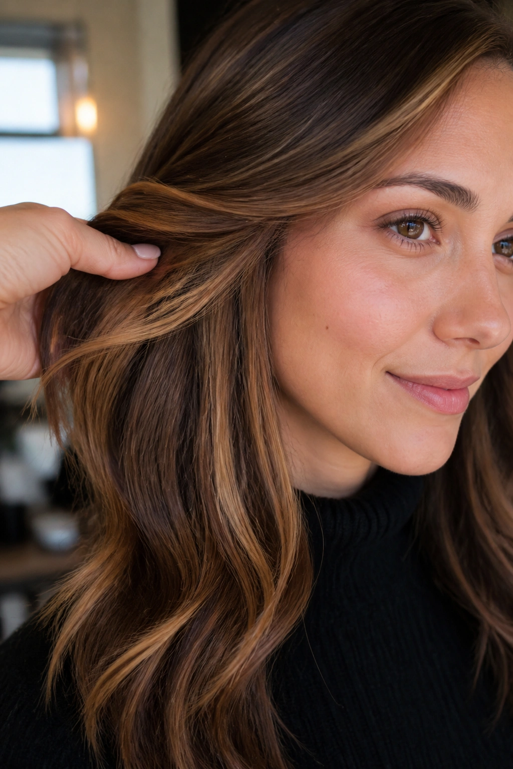 Close-up of hair showing peekaboo caramel lowlights under a lighter top layer