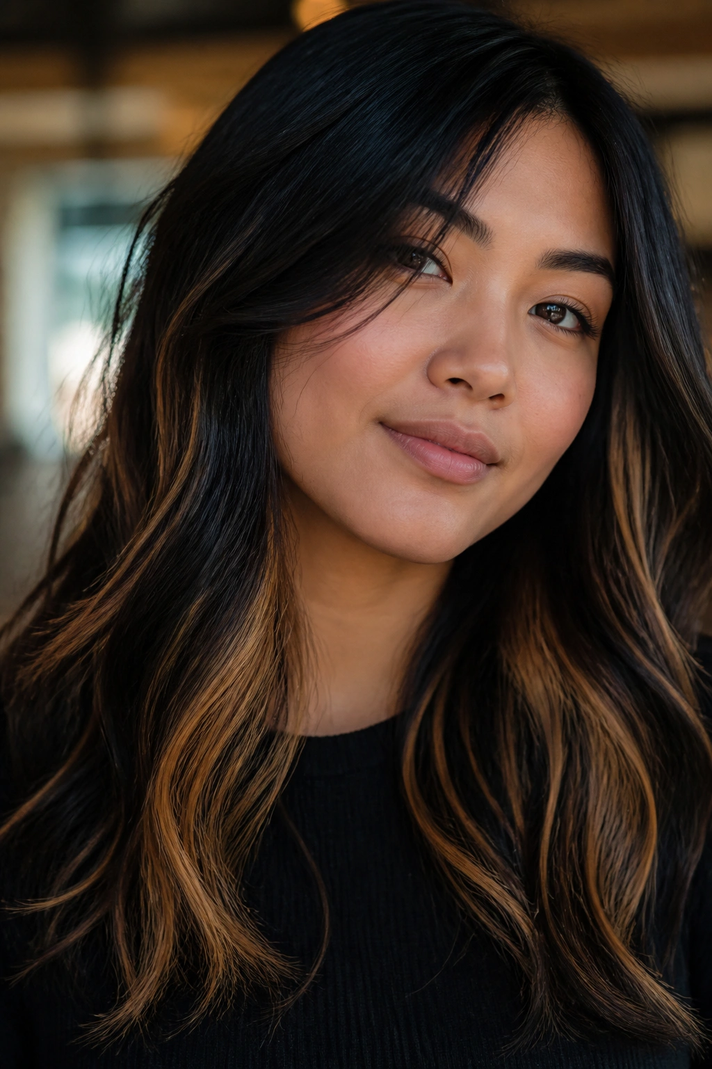 Close-up of peekaboo caramel underlayers visible beneath dark hair on a real person