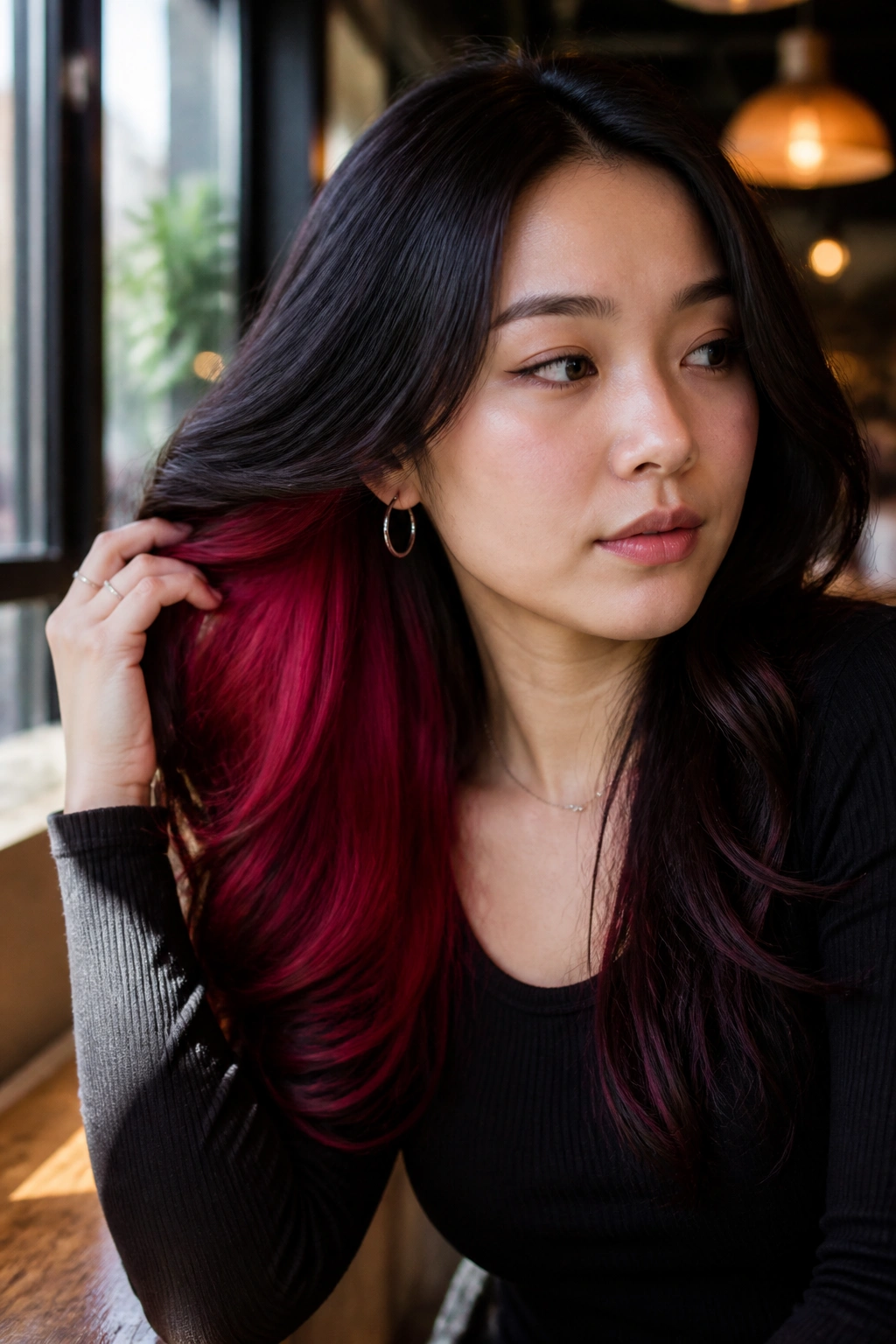 Portrait of a woman with long hair showing peekaboo cherry red beneath a dark top layer.