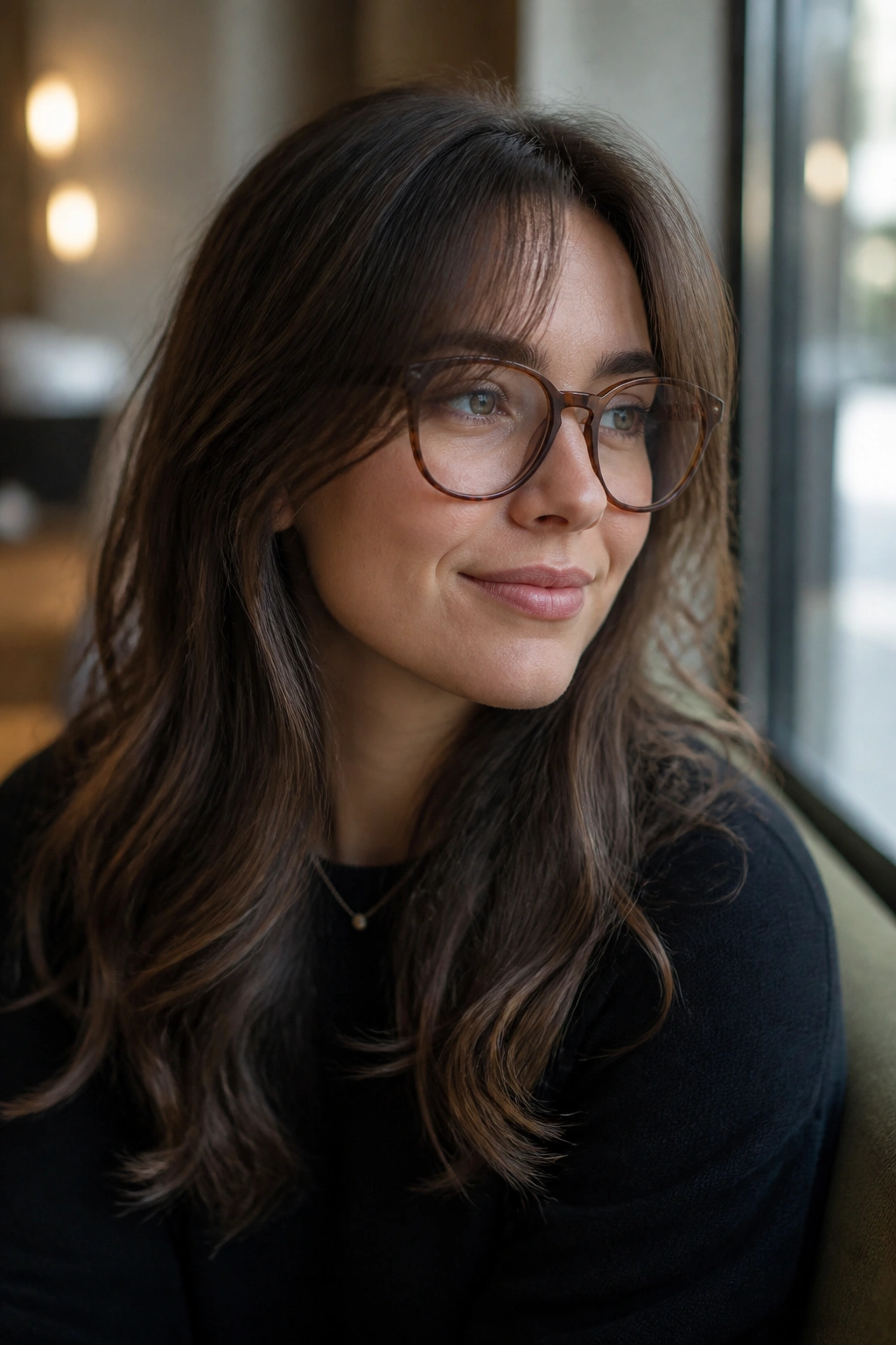 Portrait of a woman with barely-there curtain bangs and glasses in a bright cafe window setting