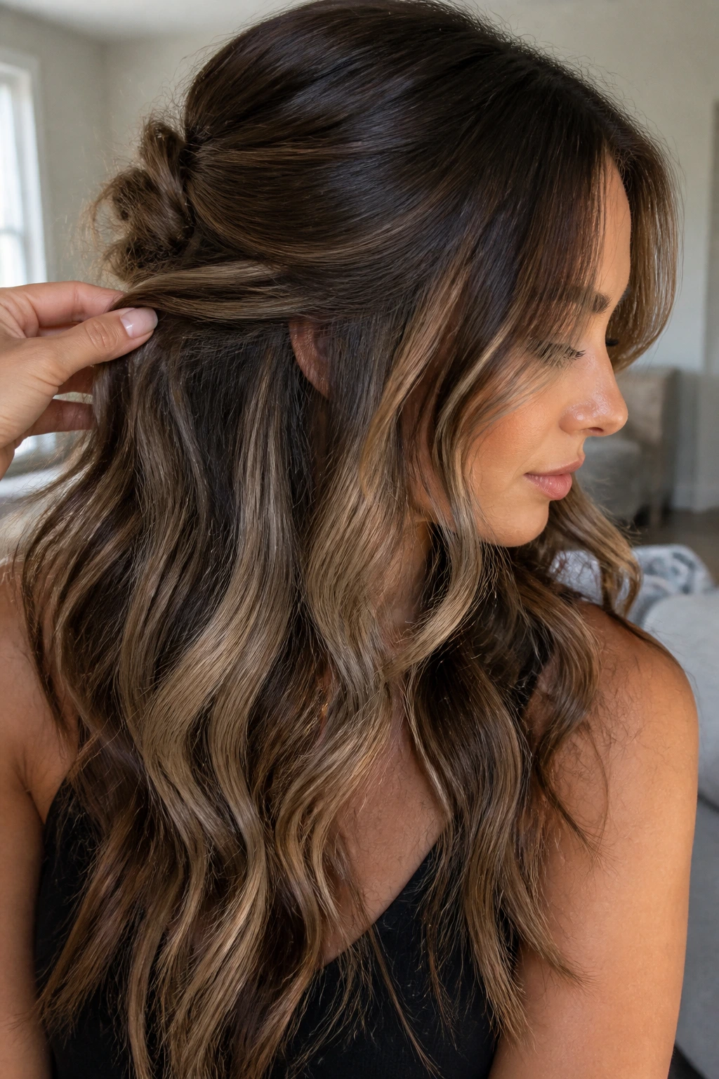 Real-person portrait showing dusty sand peekaboo lows beneath the top hair layer