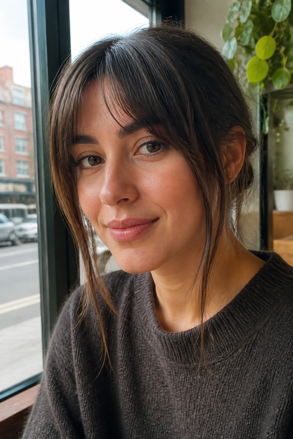 Close-up portrait of a real woman with peekaboo fringe and long temple pieces along the sides of her face