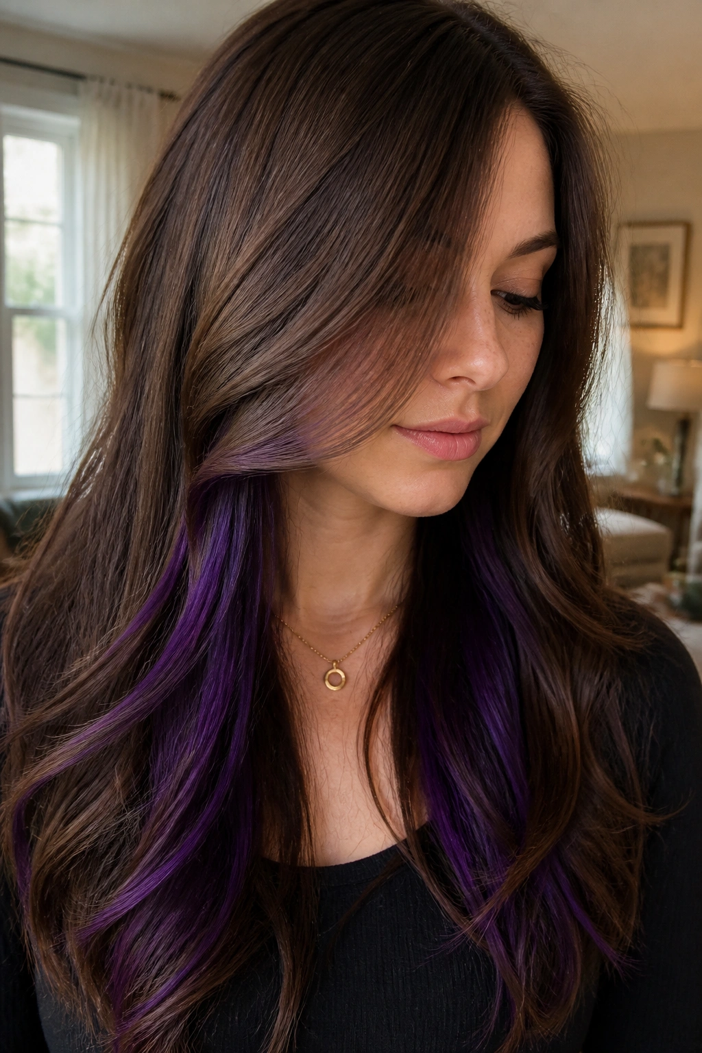 Close-up of a real woman with long brown hair showing purple peekaboo underlayers beneath a brown top layer