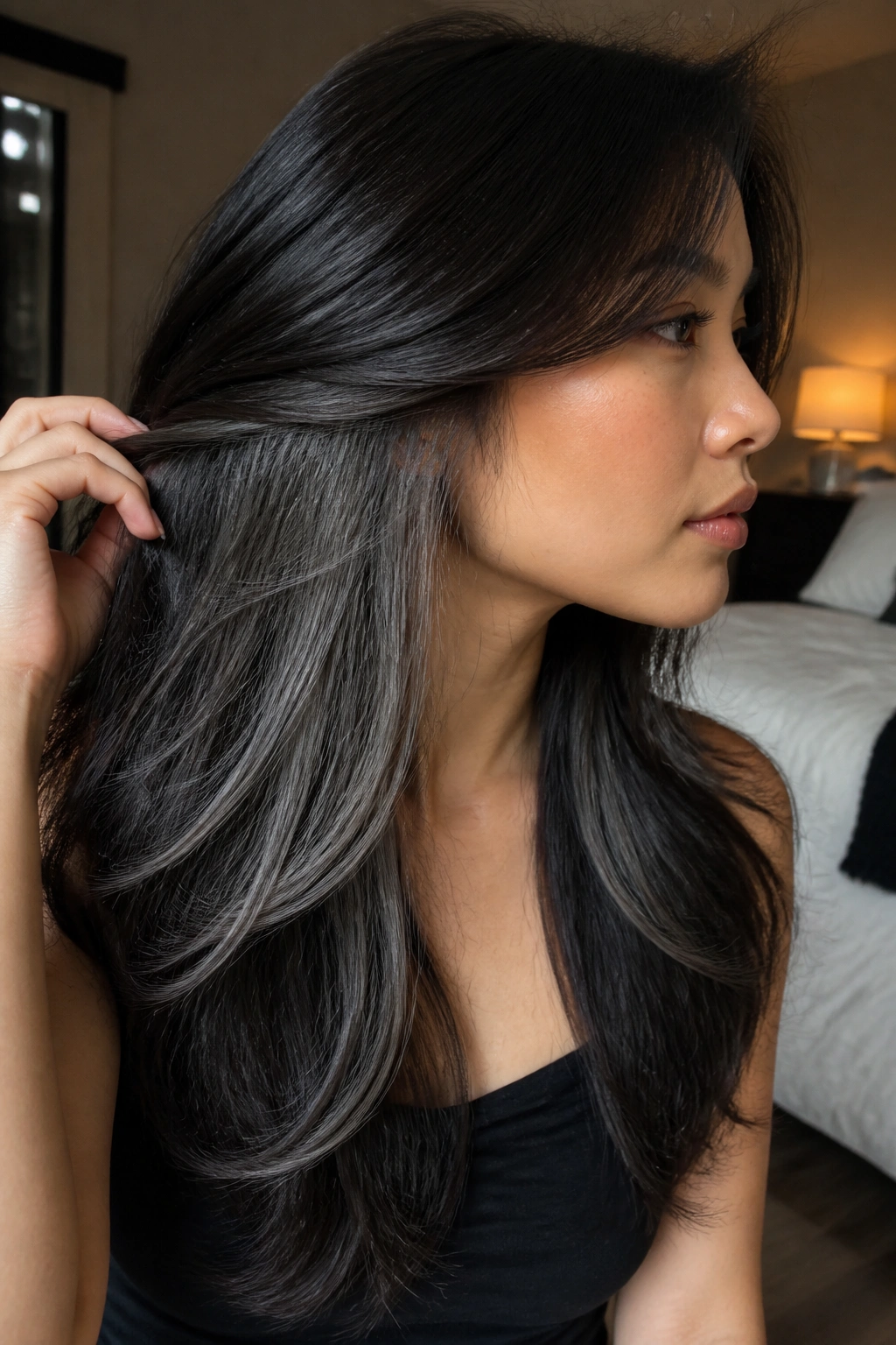 Close-up of a real person showing peekaboo gray panels beneath long hair layers