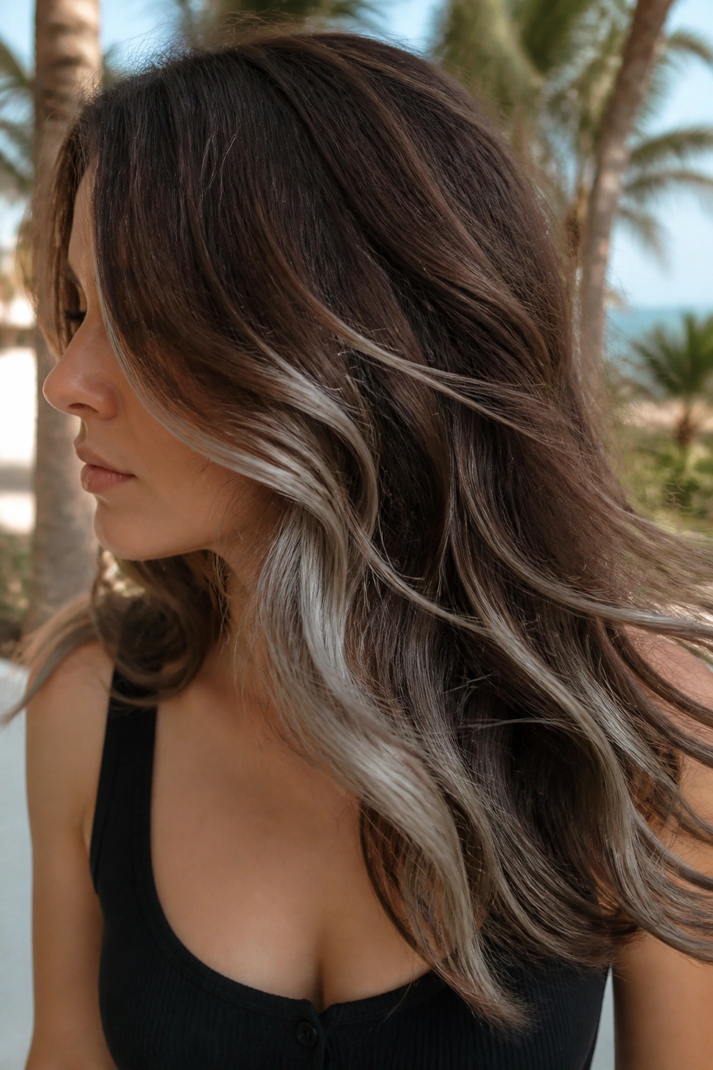 Real person showing soft grey peekaboo underlayers in brown hair