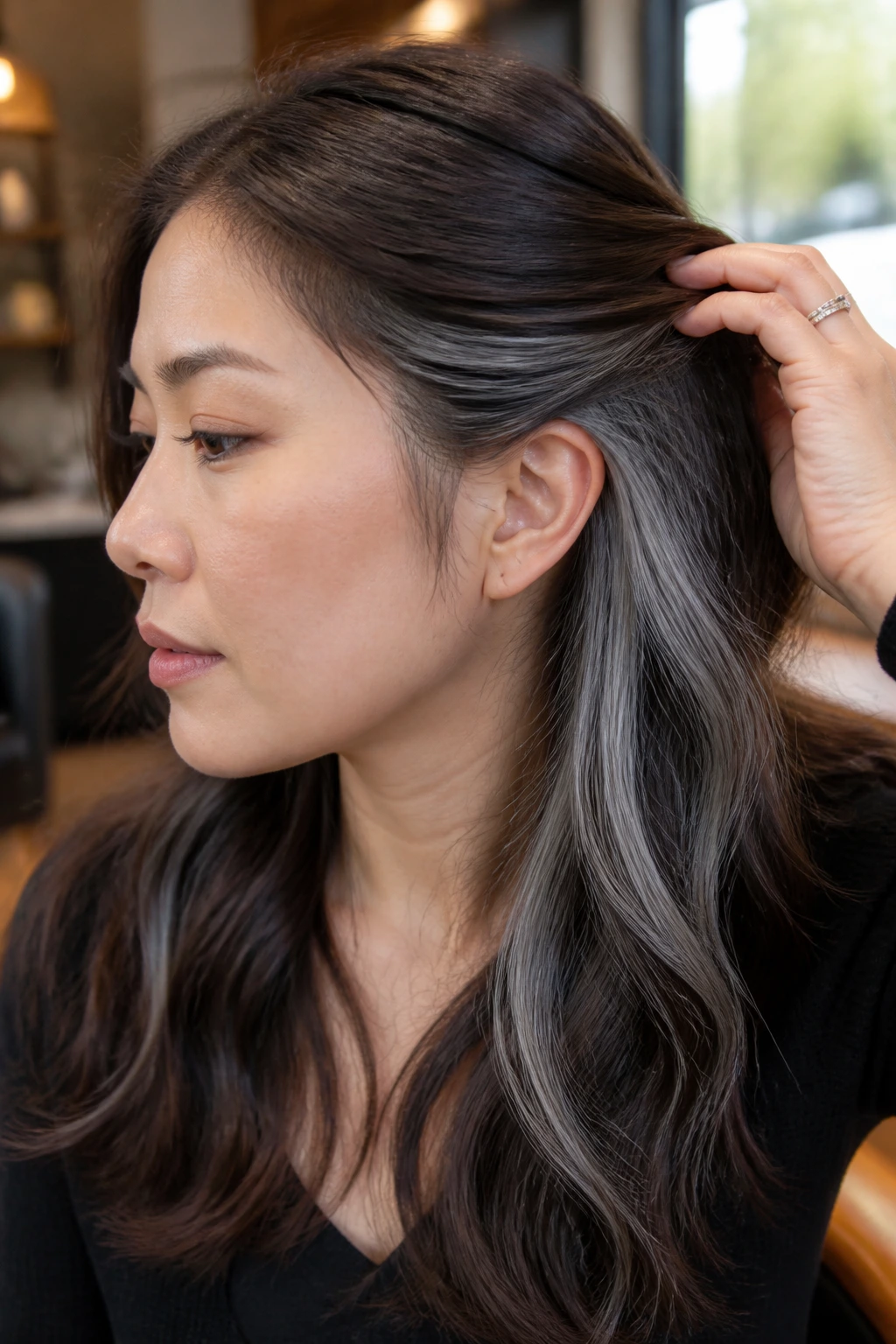 Close-up of a real person showing peekaboo grey panels under brown hair revealed by tucking behind the ear