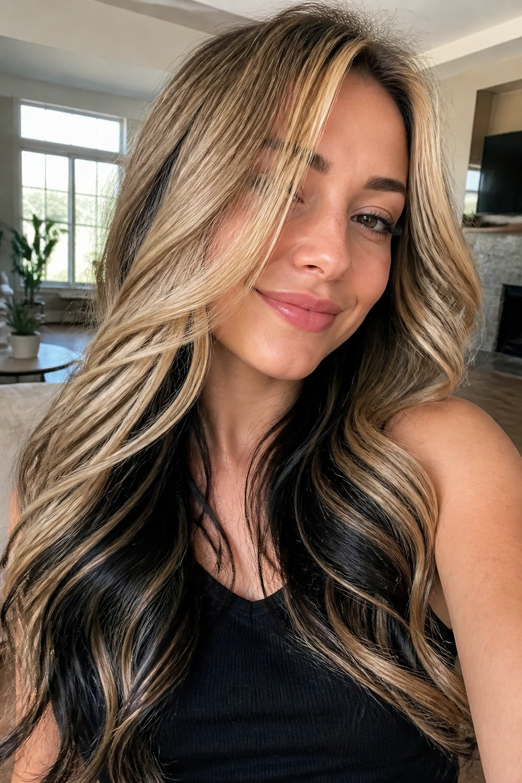 Long hair with blonde length and hidden black peekaboo highlights