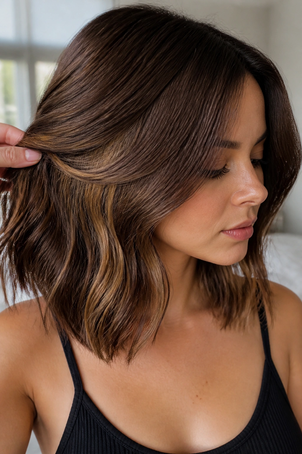Close-up portrait of brunette with peekaboo highlights hidden under the top layer by natural window light.