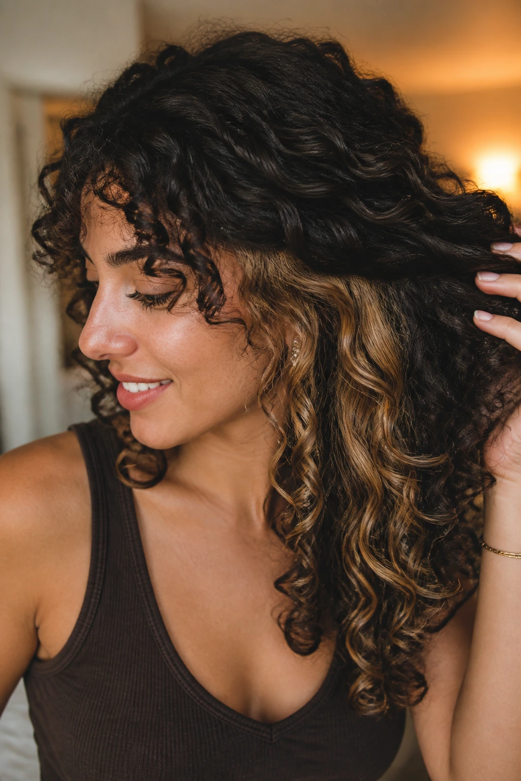 Curly hair with hidden lighter panels peeking from under the top layer