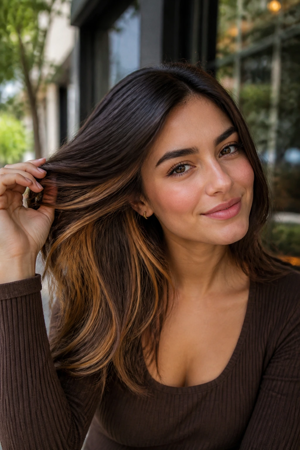 Peekaboo honey caramel panels under brunette hair revealed in daylight