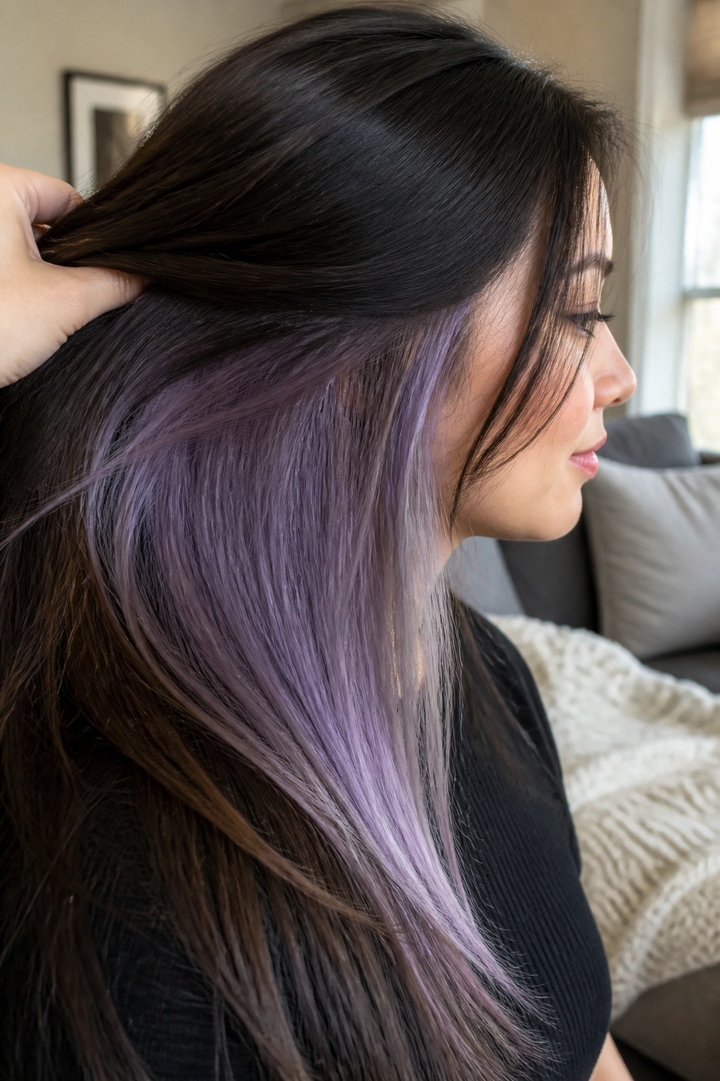 Side profile revealing peekaboo lavender under natural length hair