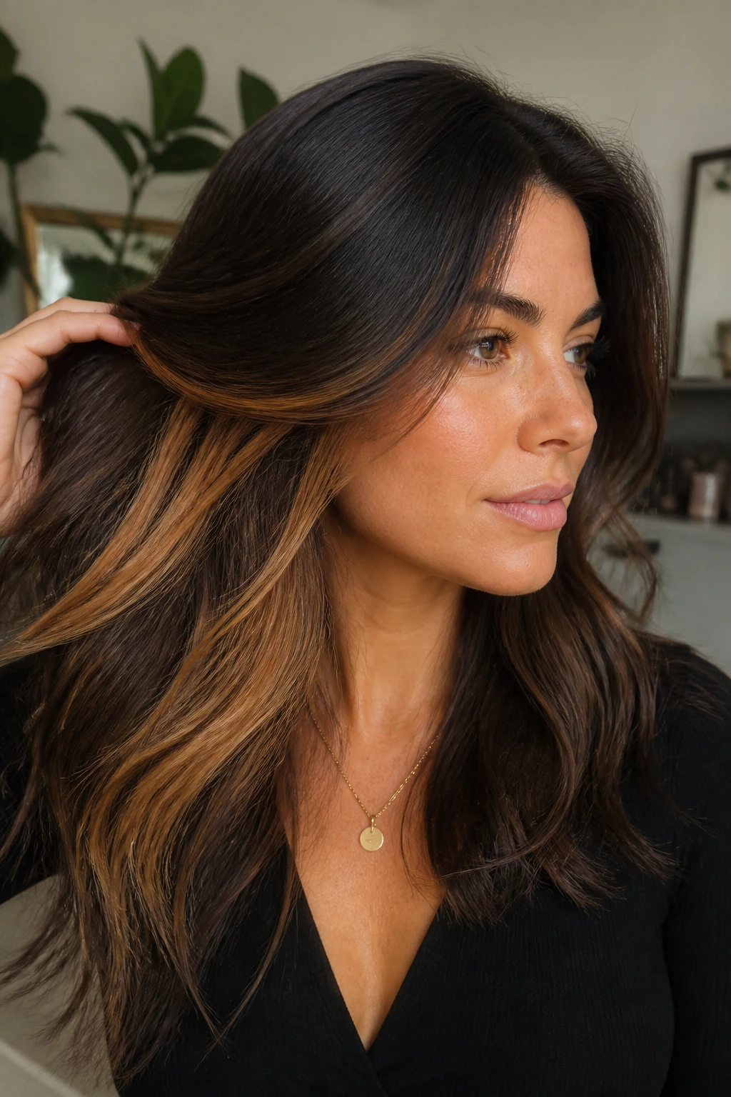 Close-up of a woman showing toffee peekaboo layers under layered hair.