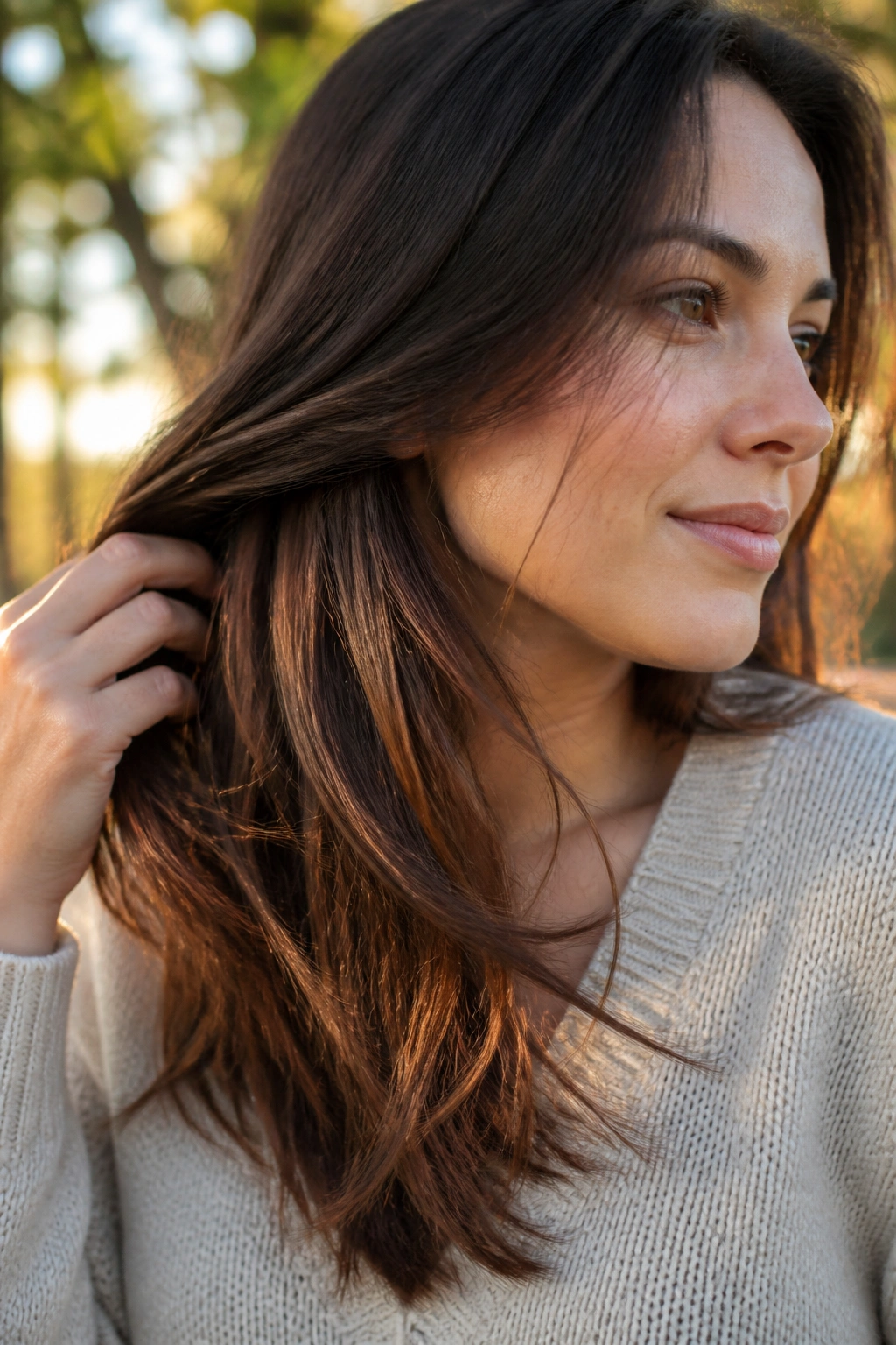 Close-up of chestnut peekaboo lights peeking from under top hair layer
