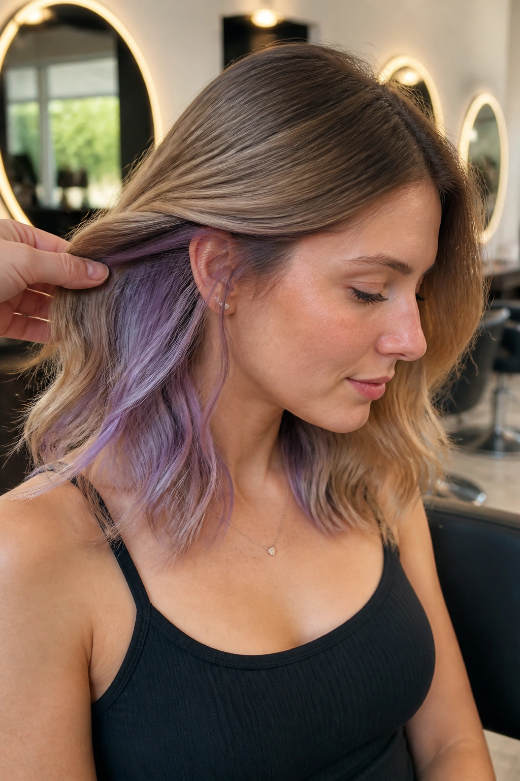 Portrait of a woman with hidden lilac panels under dark blonde hair