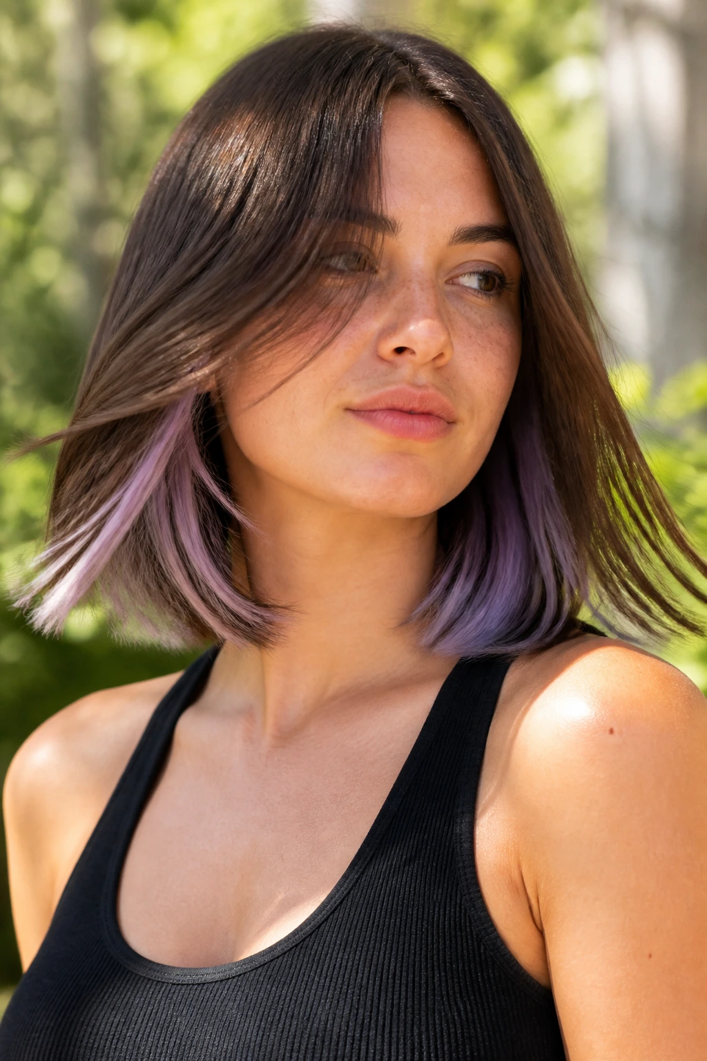 Close-up of long bob with lilac peekaboo panels on a real person