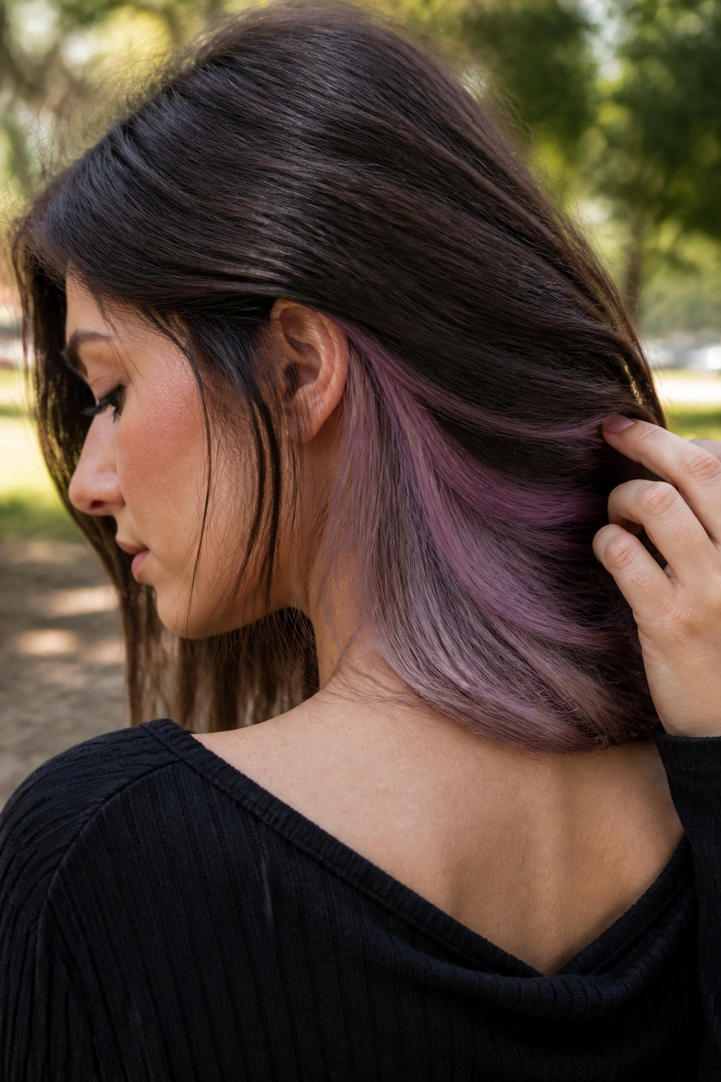 Peekaboo lilac layers visible under dark brown hair in a close-up