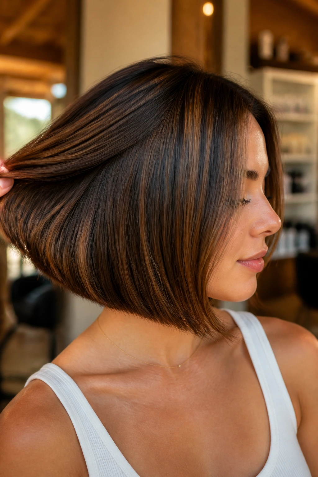 Close-up of bob with peekaboo lowlights revealed as hair moves