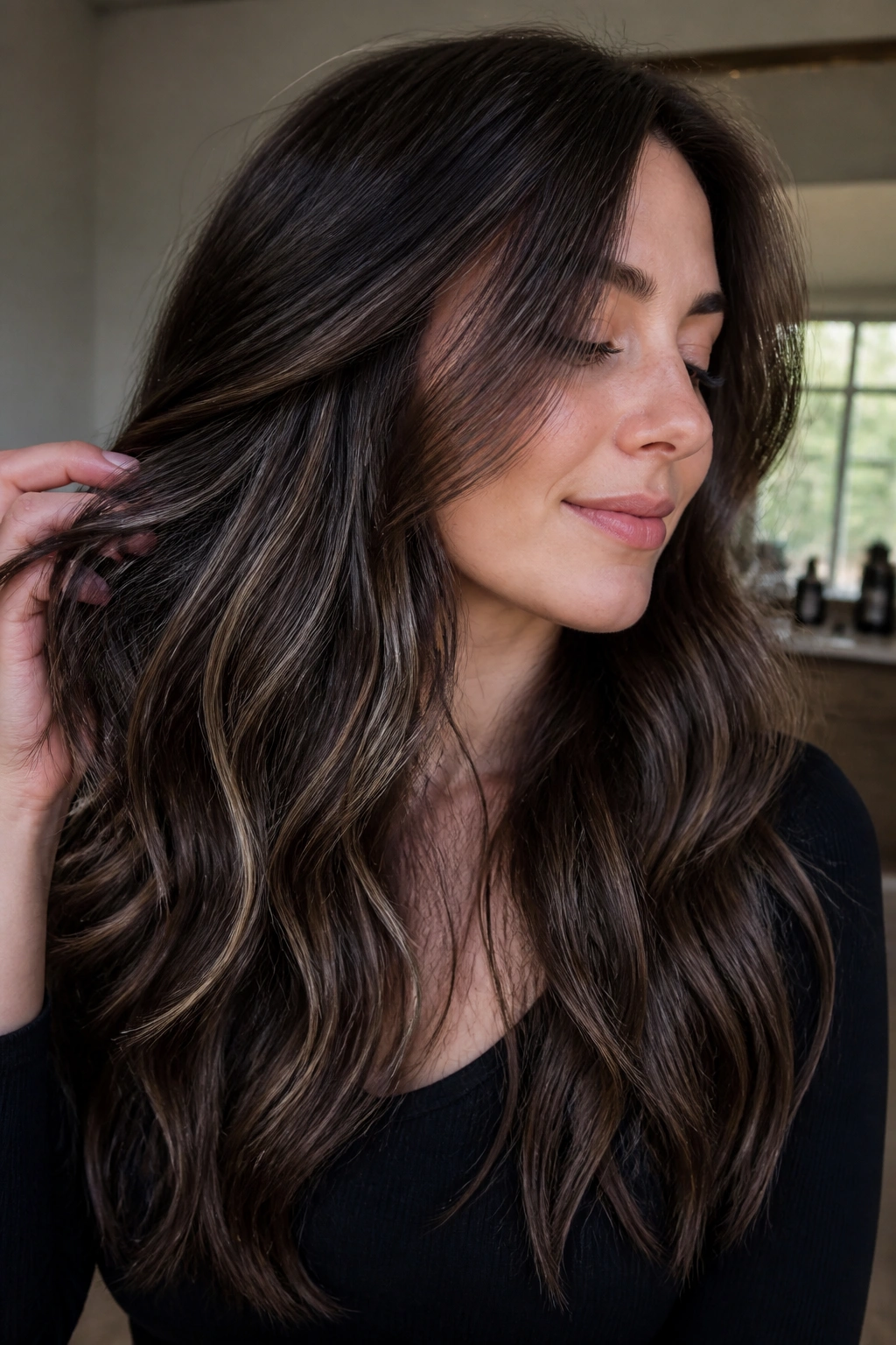 Close-up of a real woman with peekaboo lowlights under a cool brunette base