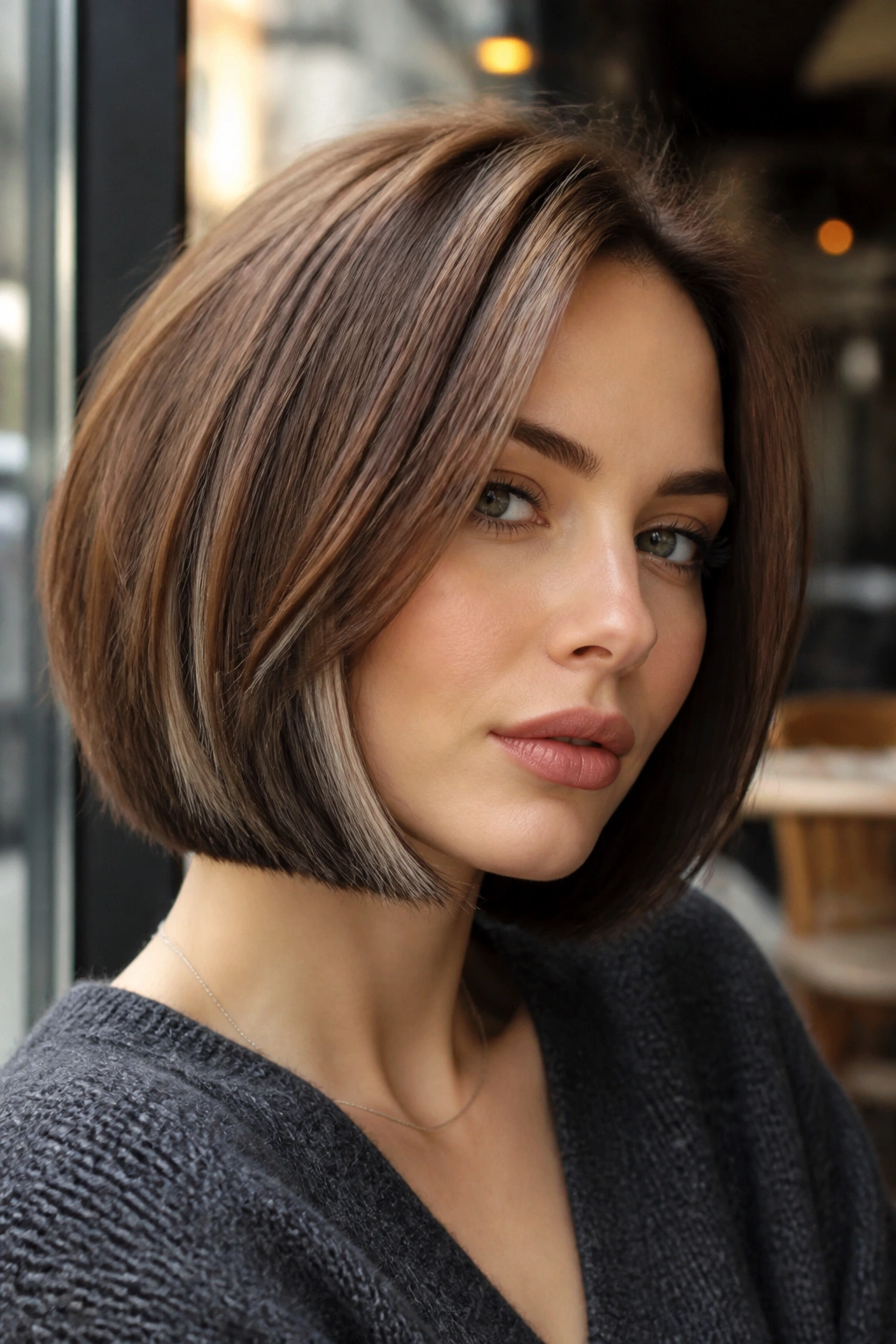 Close-up of a real woman with a chestnut bob and peekaboo lowlights along jawline