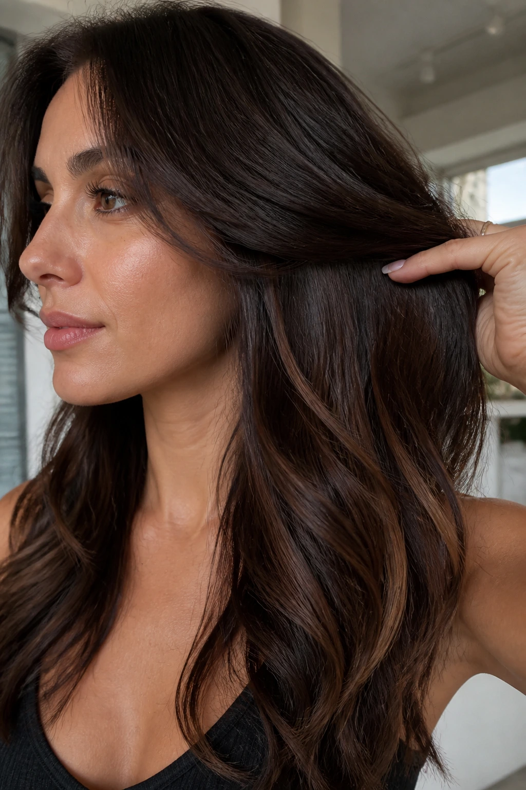 Brunette with peekaboo chocolate lowlights under top layer