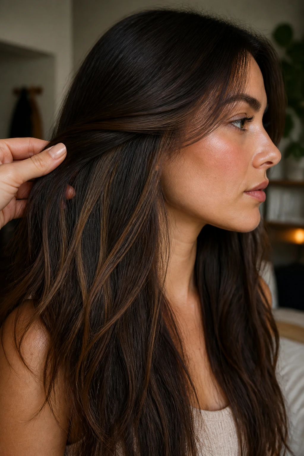 Close-up of brunette showing peekaboo lowlights under the top layer