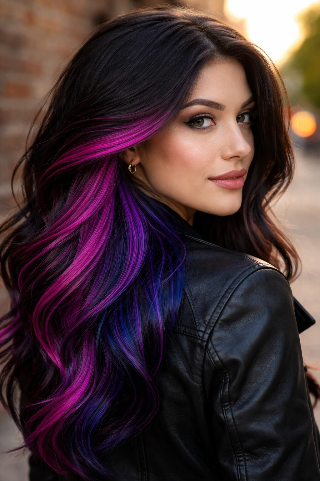 Close-up of magenta and indigo peek-a-boo underlayers in a real person’s hair
