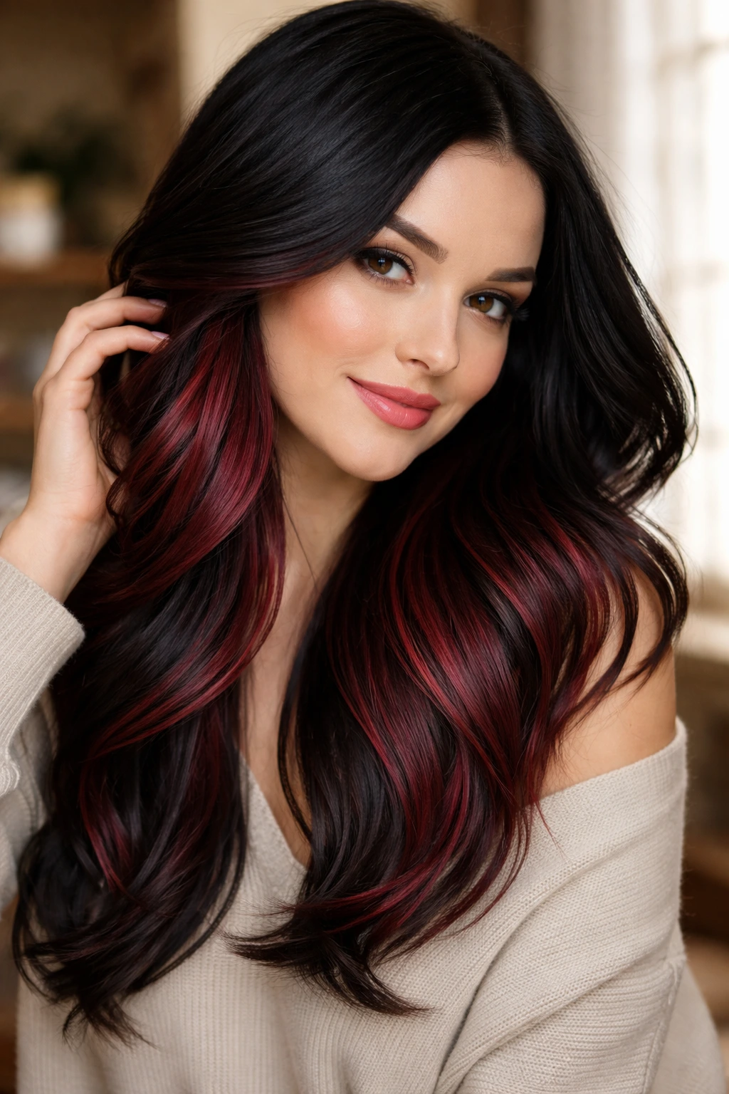 Close-up portrait showing peekaboo mahogany underlayer beneath dark hair
