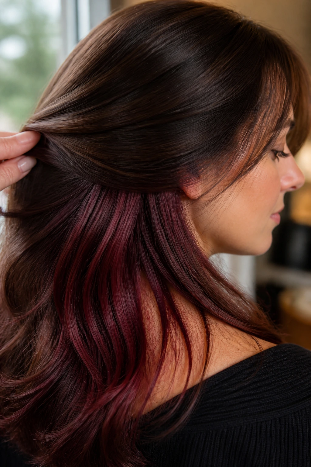 Close-up of hair with peekaboo mahogany panels beneath the top layer