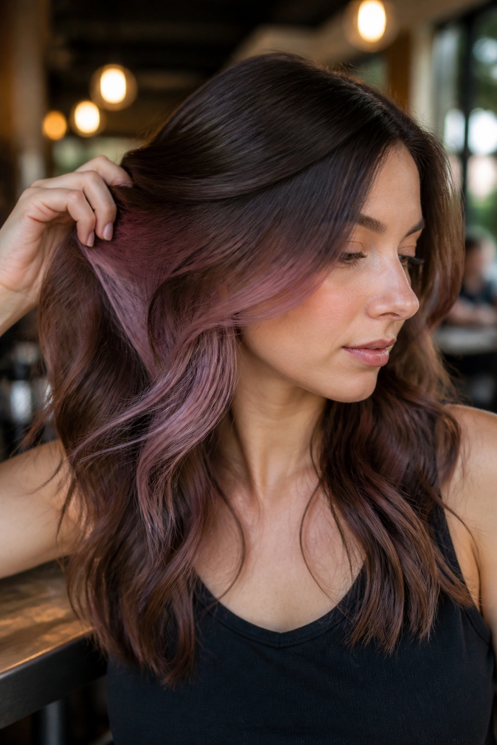 Real woman with dusty mauve peekaboo layers under brown hair visible as she moves.