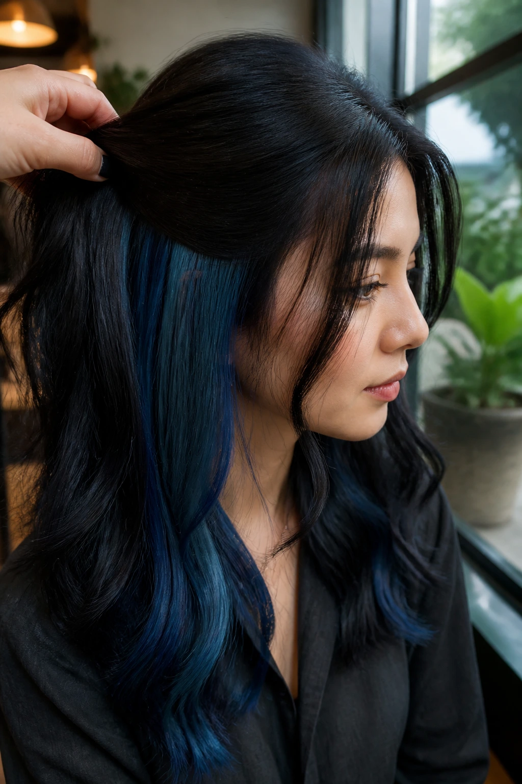 Portrait of a woman with peekaboo blue underlayer visible in half-up hair.